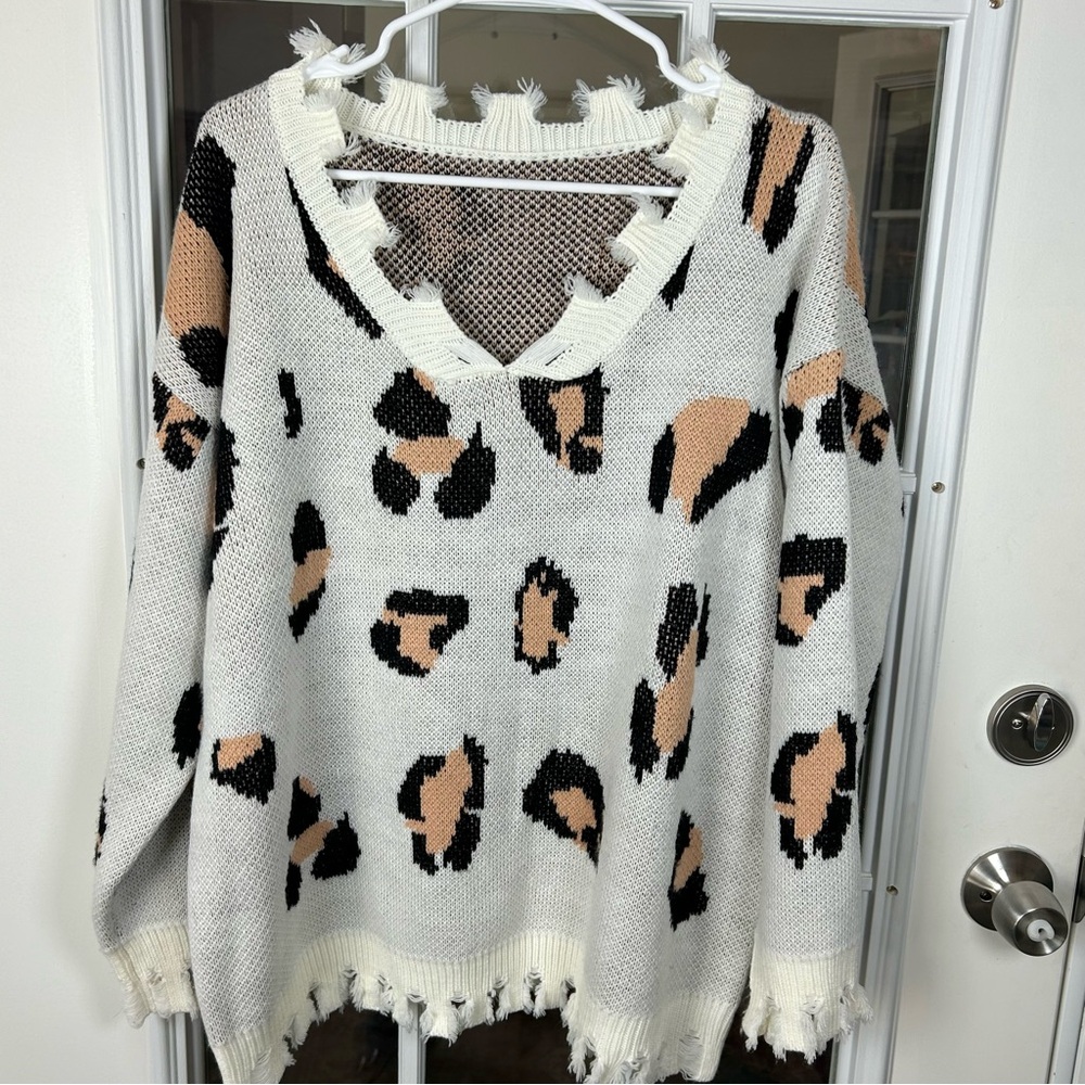 Oversized Leopard Print Distressed Sweater - Size Large